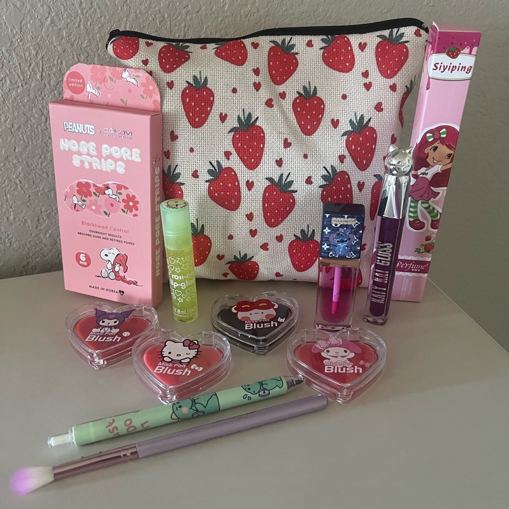 Strawberry Print Cosmetic Bag with Makeup Set Bundle